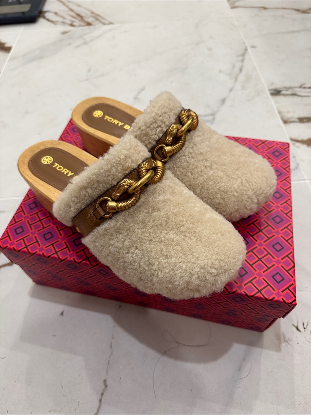 Tory Burch Beige Shearling Mule Clog with Gold Chain Trim